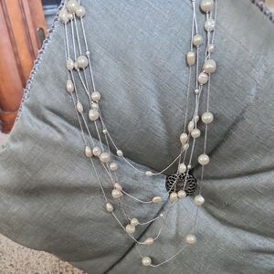 Elegant Silver and Cream Multi-Strand Necklace 26" (B14)